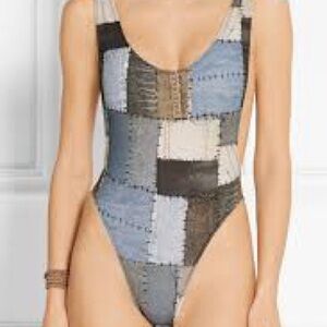 Norma Kamali Patchwork Denim One-Piece Swimsuit in Blue, Gray, Black